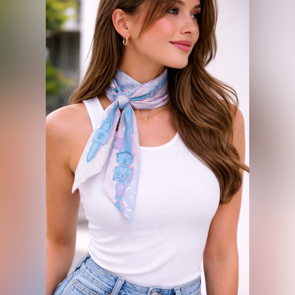 Louis Vuitton 100 % Silk Bandeau Blue and Pink - Picture 2 of 3